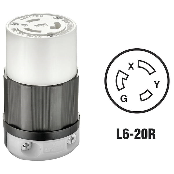 Locking Connector, L6-20R, 20 A, 250V AC, Single Phase, 2 Pole, Screw Terminals, Black, White